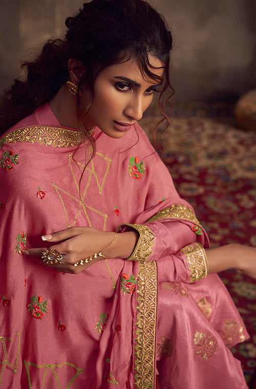 Antique Pink Designer Embroidered Party Wear Palazzo Suit-Saira's Boutique