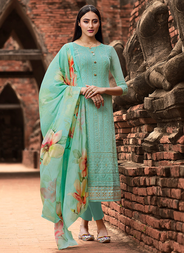 Aqua Blue Green Designer Embroidered Lucknowi Chikankari Pant Suit-Saira's Boutique