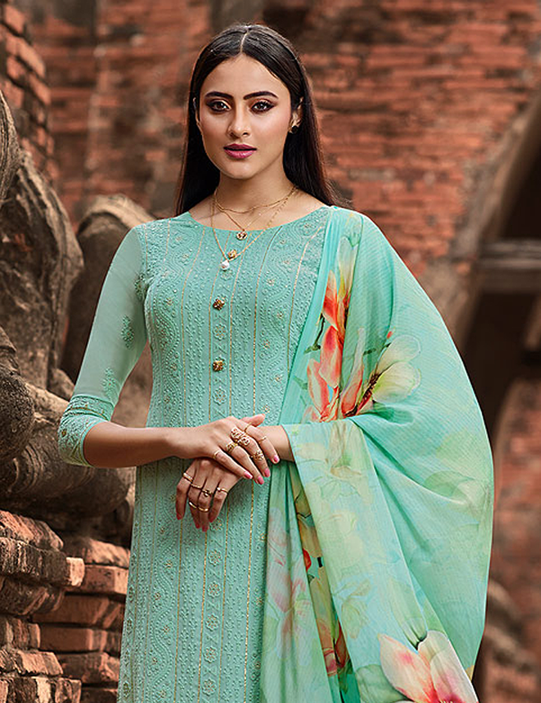 Aqua Blue Green Designer Embroidered Lucknowi Chikankari Pant Suit-Saira's Boutique