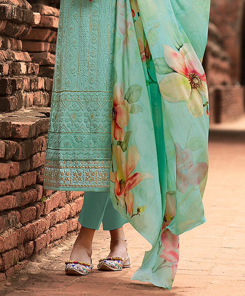 Aqua Blue Green Designer Embroidered Lucknowi Chikankari Pant Suit-Saira's Boutique