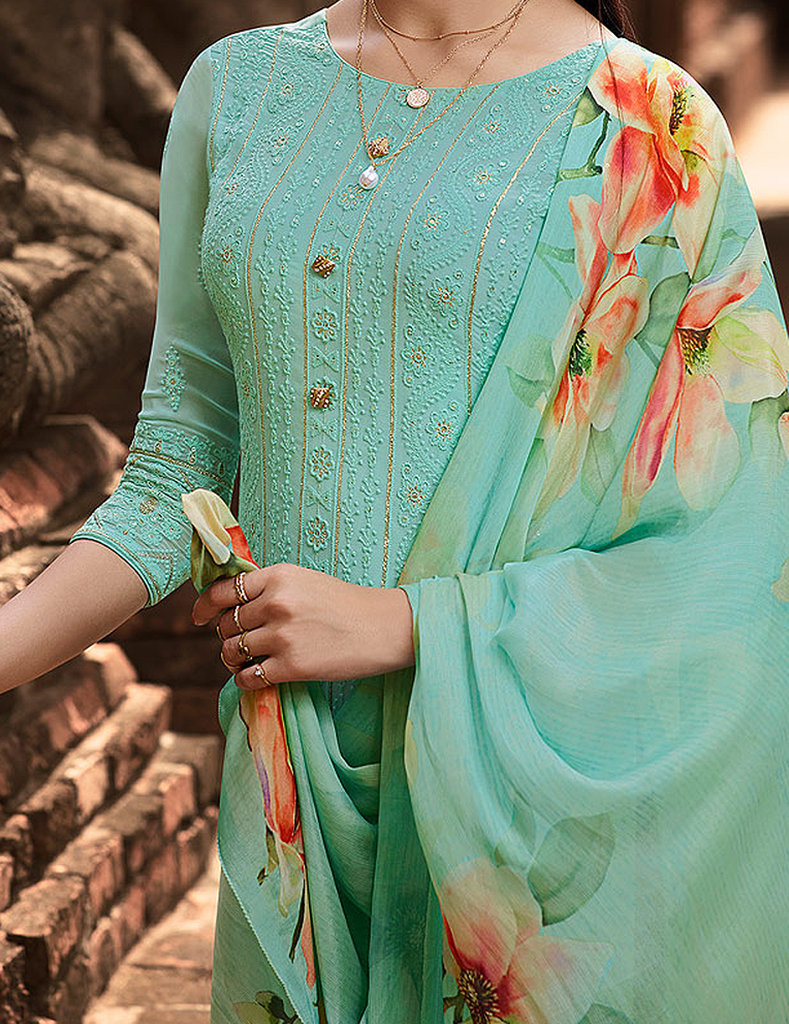 Aqua Blue Green Designer Embroidered Lucknowi Chikankari Pant Suit-Saira's Boutique