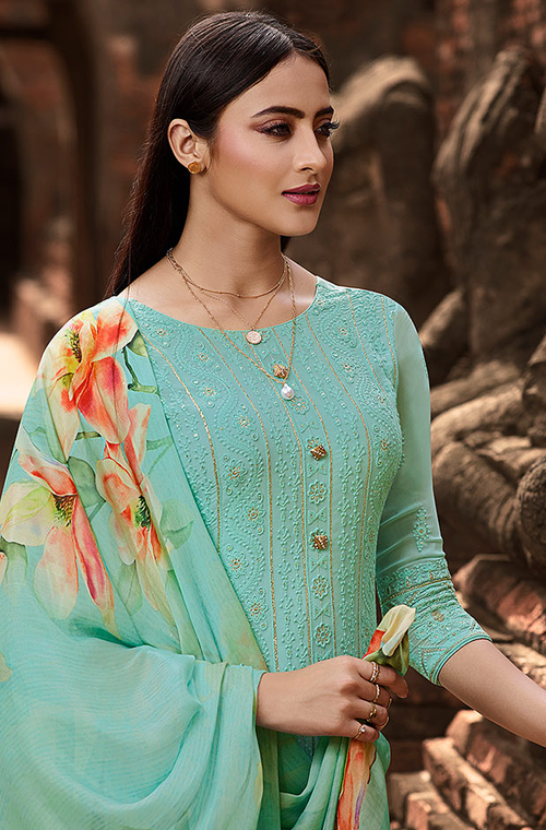 Aqua Blue Green Designer Embroidered Lucknowi Chikankari Pant Suit-Saira's Boutique