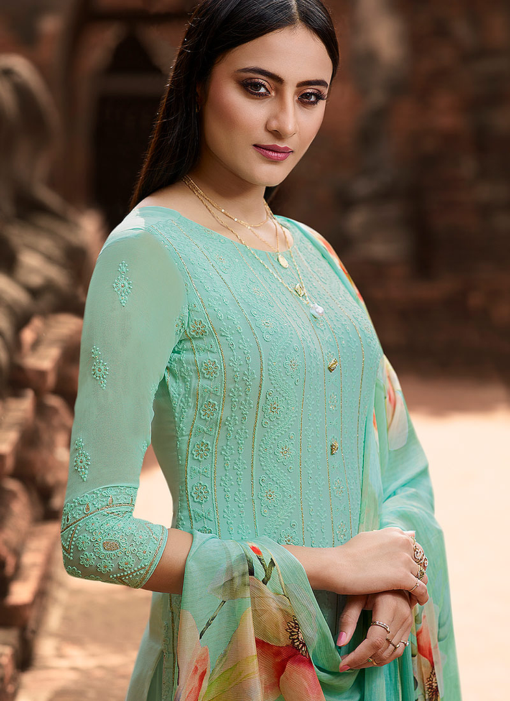 Aqua Blue Green Designer Embroidered Lucknowi Chikankari Pant Suit-Saira's Boutique