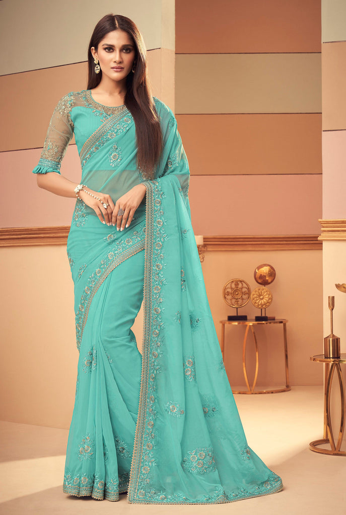 Aquamarine Blue Designer Embroidered Silk Wedding Saree-Saira's Boutique