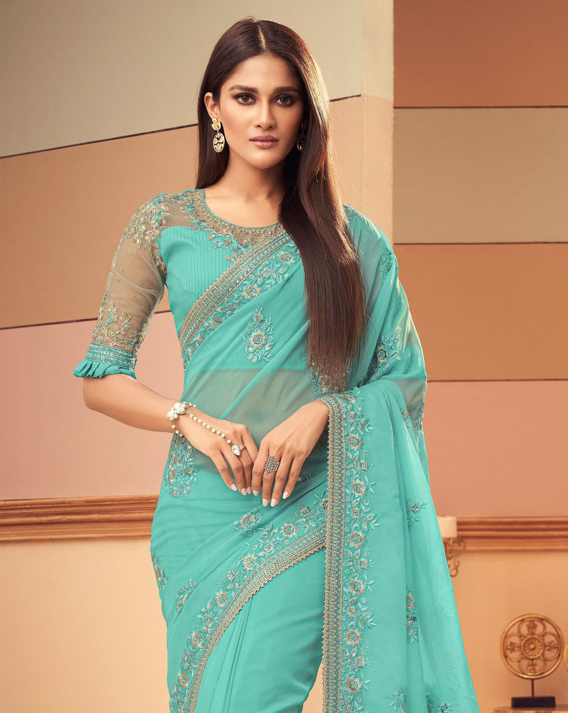 Aquamarine Blue Designer Embroidered Silk Wedding Saree-Saira's Boutique