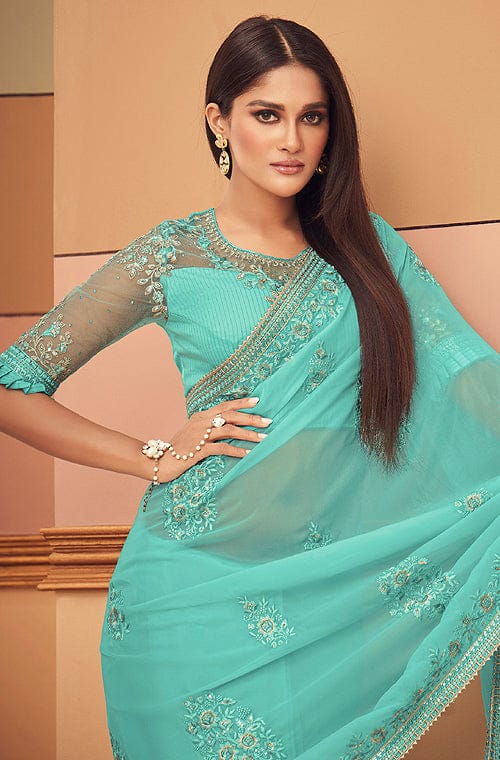 Aquamarine Blue Designer Embroidered Silk Wedding Saree-Saira's Boutique