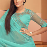 Aquamarine Blue Designer Embroidered Silk Wedding Saree-Saira's Boutique