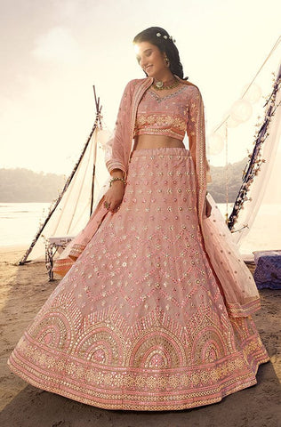 Ruby Pink Designer Heavy Embroidered Silk Bridal Lehenga