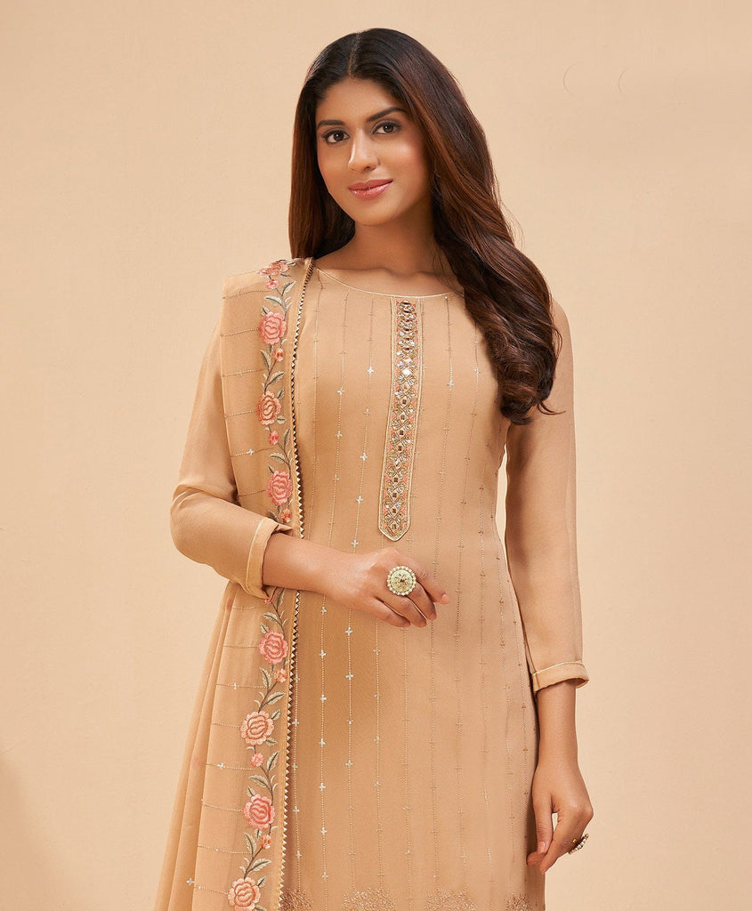 Beige Designer Embroidered Party Wear Georgette Pant Suit