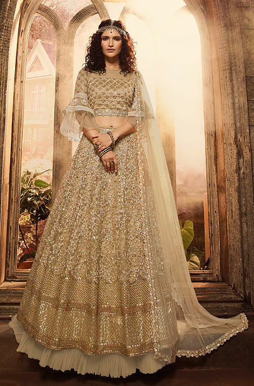 Beige Gold Designer Heavy Embroidered Net Wedding Bridal Lehenga