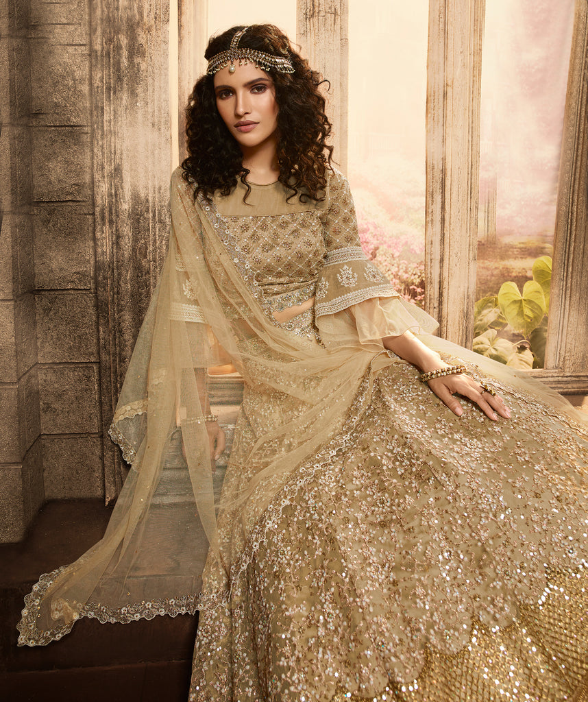 Beige Gold Designer Heavy Embroidered Net Wedding & Bridal Lehenga-Saira's Boutique