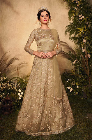 Dull Khaki Designer Heavy Embroidered Net Wedding Anarkali Gown