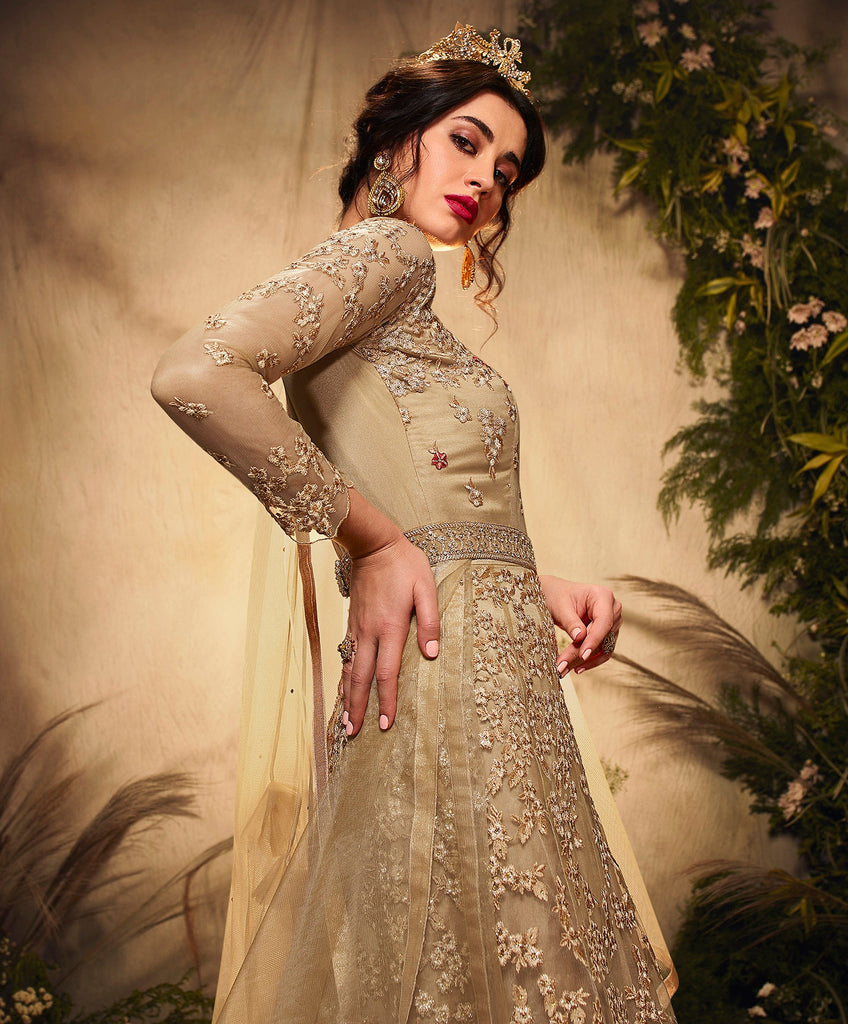 Buy Golden Net Designer Party Wear Gown | Gowns