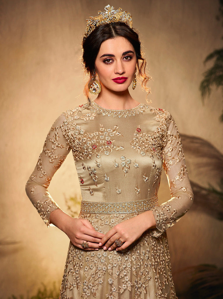 Beige Gold Designer Heavy Embroidered Wedding Anarkali Gown | Anarkali gown,  Bridal anarkali, Gowns
