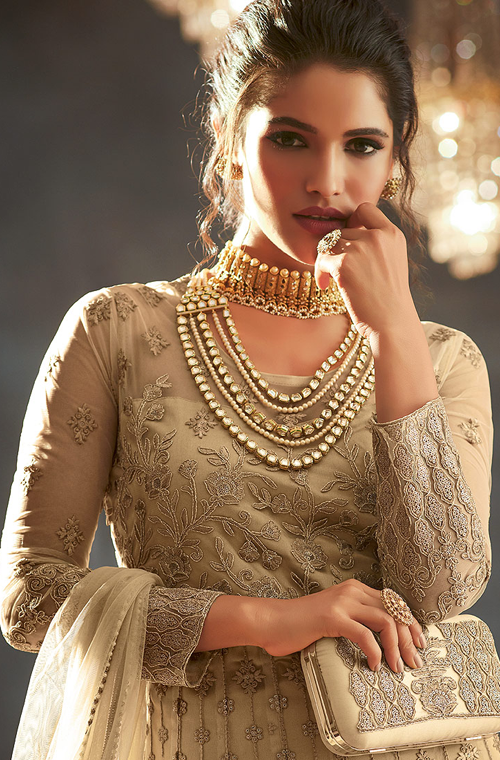 Beige Designer Heavy Embroidered Net Wedding Layered Anarkali Gown-Saira's Boutique