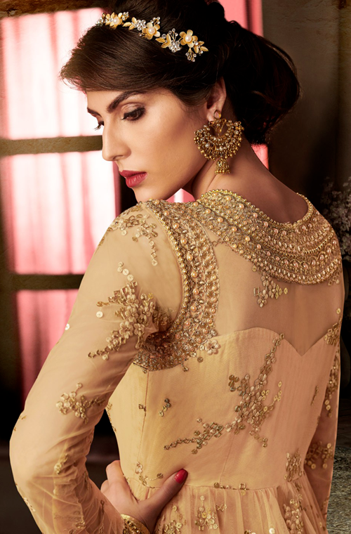 Beige Gold Designer Embroidered Net Wedding Bridal Anarkali Suit-Saira's Boutique