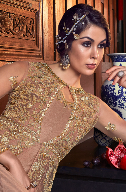 Beige Gold Designer Embroidered Silk Bridal Anarkali Gown-Saira's Boutique