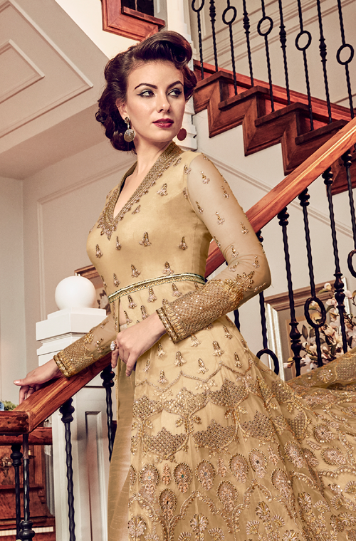 Beige Gold Designer Heavy Embroidered Net Bridal Pant Style Anarkali Suit-Saira's Boutique