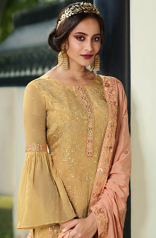 Beige & Light Peach Designer Embroidered Wedding Palazzo Suit-Saira's Boutique