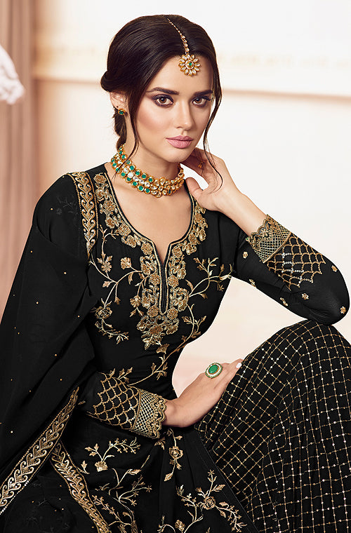 Black Designer Embroidered Georgette Sharara Suit-Saira's Boutique