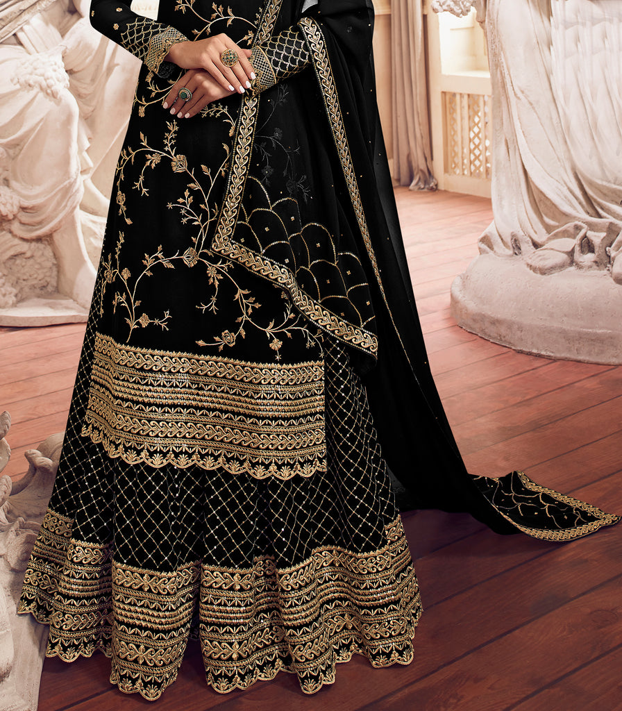 Black Designer Embroidered Georgette Sharara Suit | Saira's Boutique