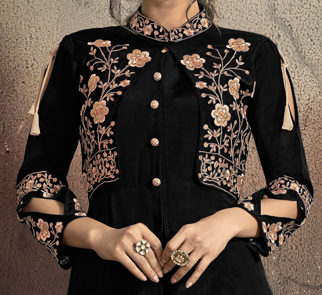 Black Designer Embroidered Taffeta Silk Party Wear Gown-Saira's Boutique