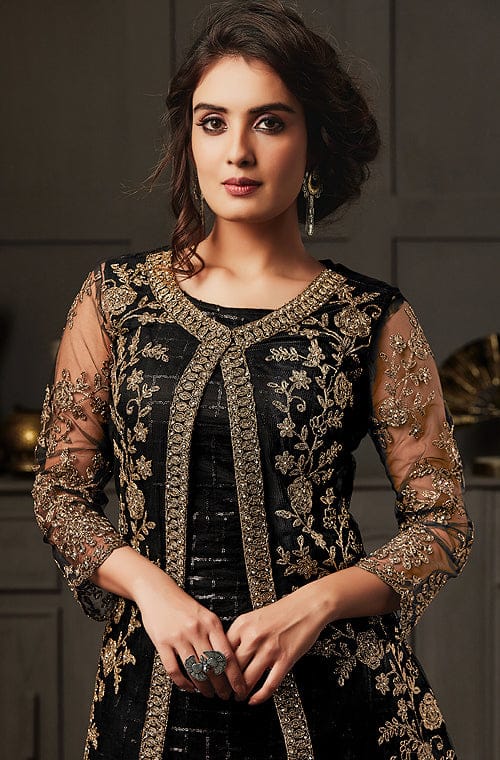 Black Designer Heavy Embroidered Jacket Style Palazzo Suit-Saira's Boutique