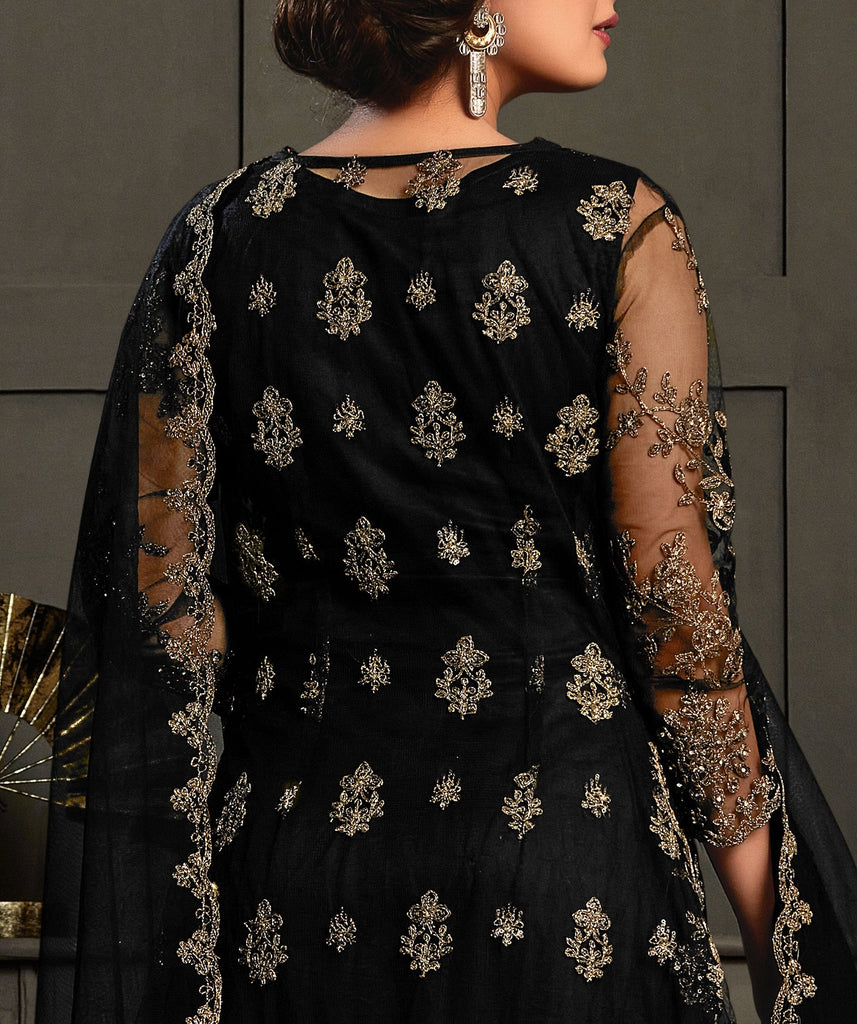 Black Designer Heavy Embroidered Jacket Style Palazzo Suit-Saira's Boutique