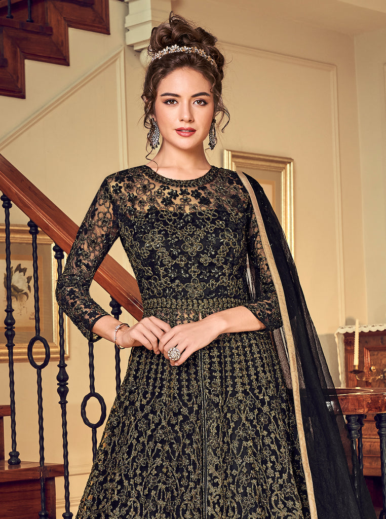 Soft Butterfly Net Party Wear Gown Black Color with Embroidery Work -  Wedding Wear Gown - Gown