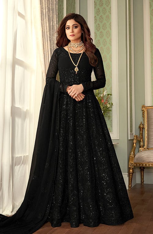 Buy Black Anarkali Suit With Weaved Geometric Motifs And Red Banarasi  Dupatta KALKI Fashion India