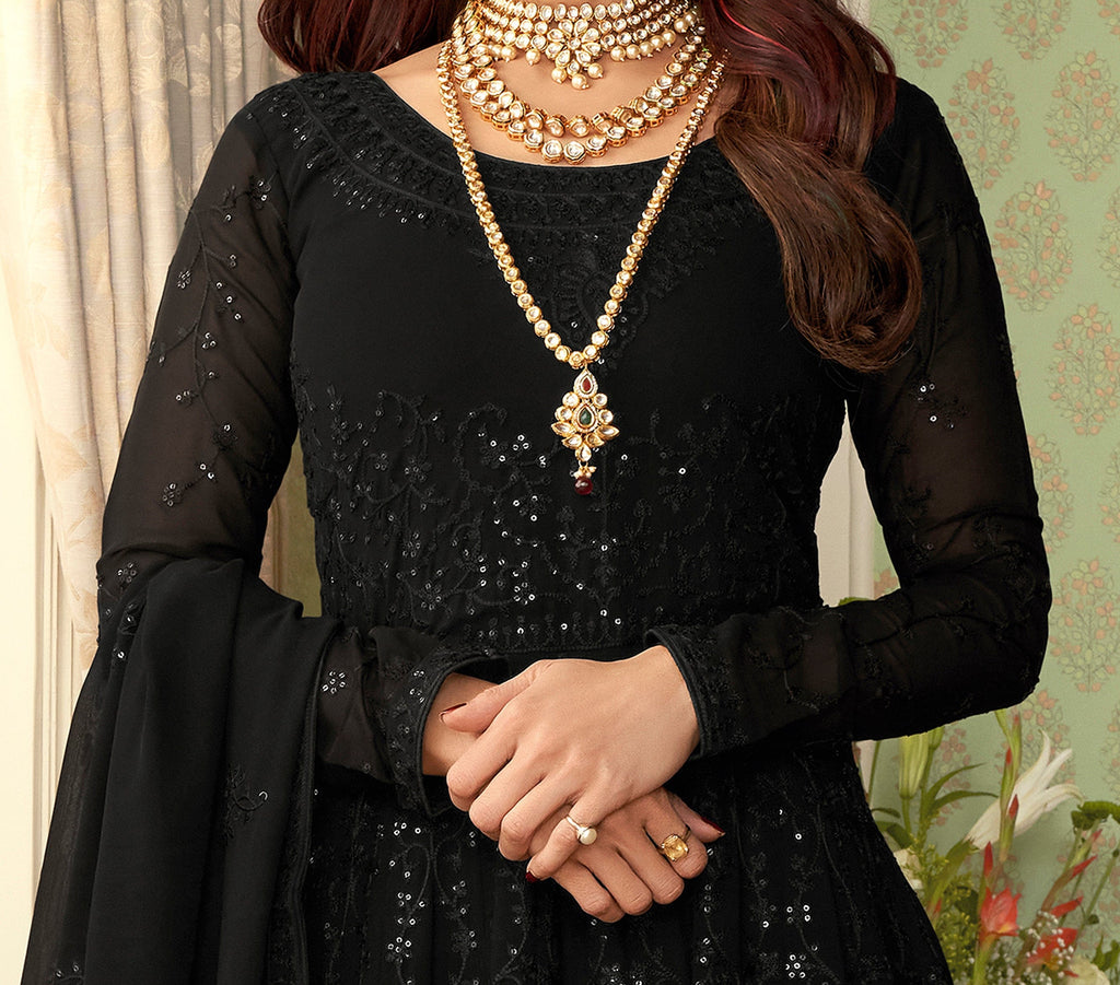 Sequence Work Black Anarkali Gown With Patola Print Koti – tapee.in