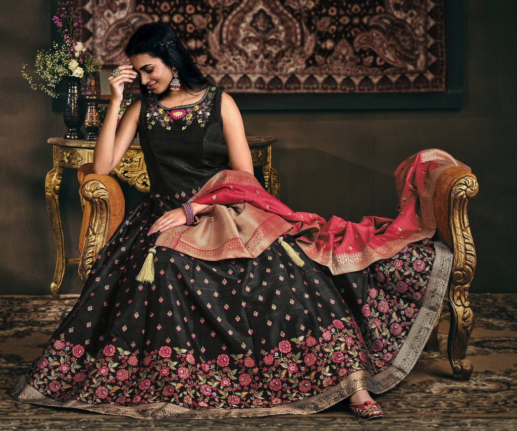 Black & Pink Designer Jacquard Silk Party Wear Anarkali Gown-Saira's Boutique