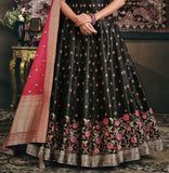 Black & Pink Designer Jacquard Silk Party Wear Anarkali Gown-Saira's Boutique