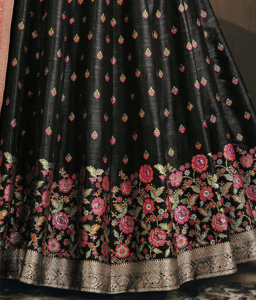 Black & Pink Designer Jacquard Silk Party Wear Anarkali Gown-Saira's Boutique