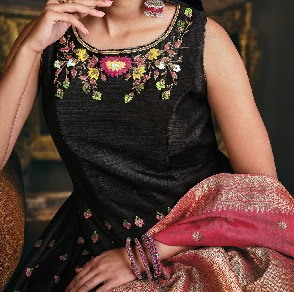 Black & Pink Designer Jacquard Silk Party Wear Anarkali Gown-Saira's Boutique