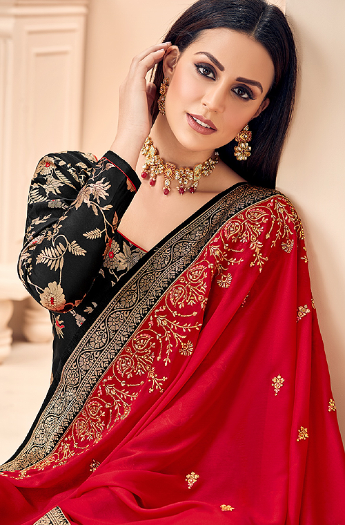 Black & Red Designer Embroidered Silk Jacquard Palazzo Suit-Saira's Boutique