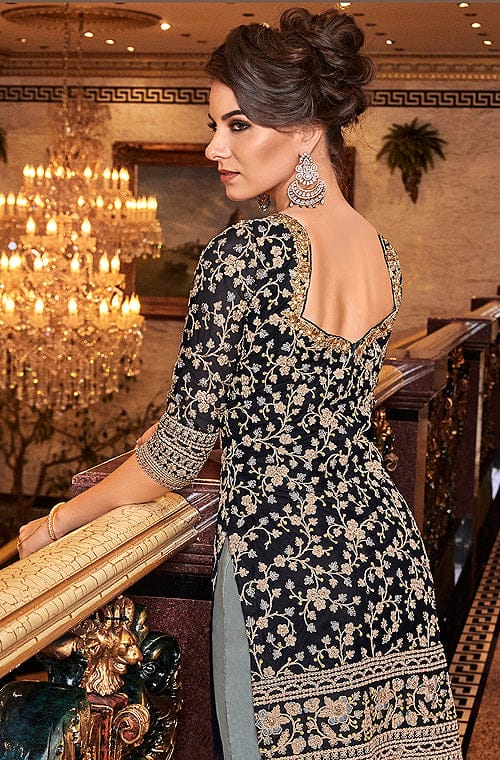 Black & Sage Gray Designer Embroidered Wedding Gharara Suit-Saira's Boutique