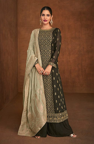 Sage Gray Designer Embroidered Party Wear Sharara Suit