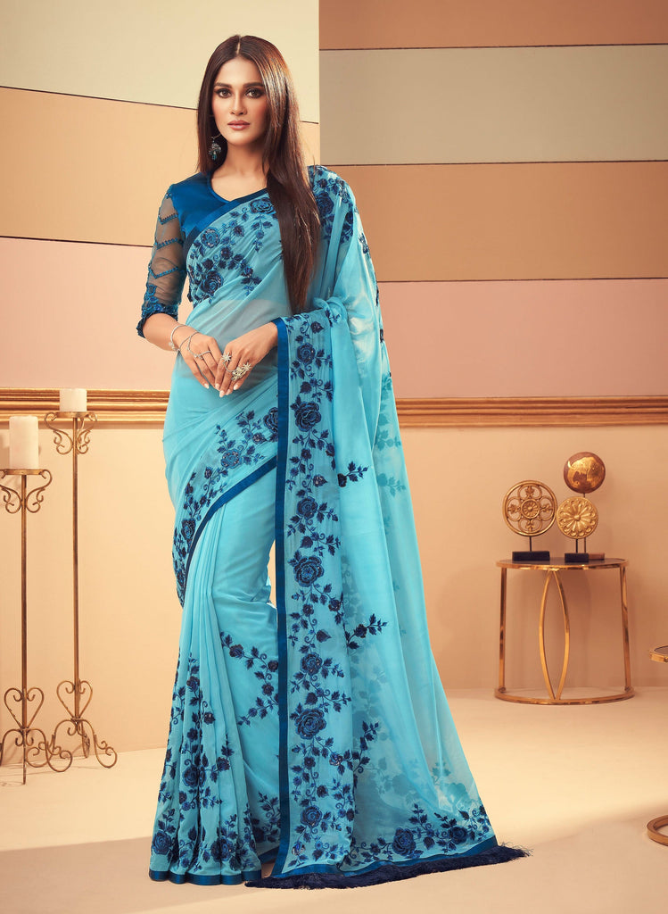 Blue Designer Embroidered Silk Party Wear Saree-Saira's Boutique