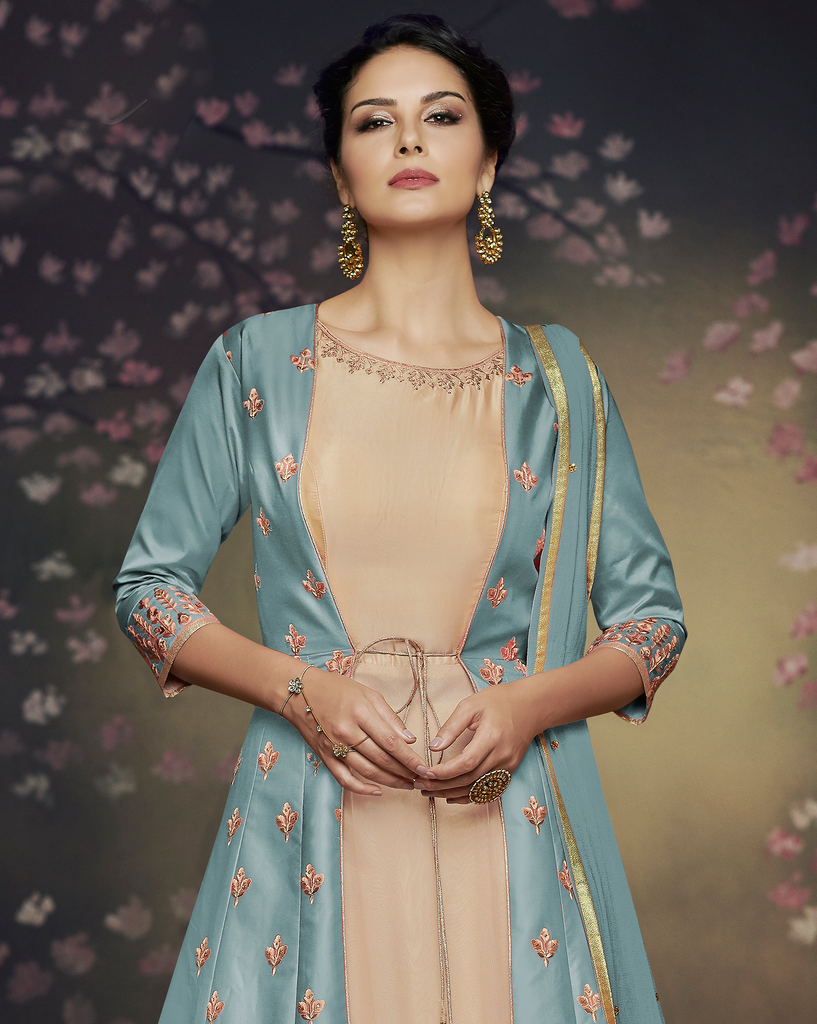 Blue & Beige Designer Embroidered Jacket Style Anarkali Gown-Saira's Boutique