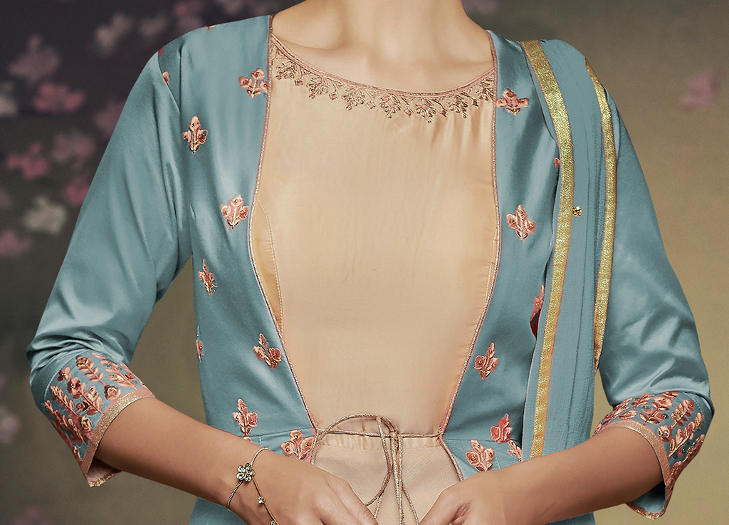 Blue & Beige Designer Embroidered Jacket Style Anarkali Gown-Saira's Boutique