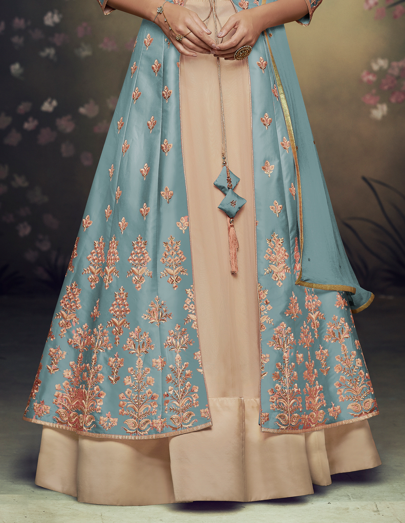 Blue & Beige Designer Embroidered Jacket Style Anarkali Gown-Saira's Boutique