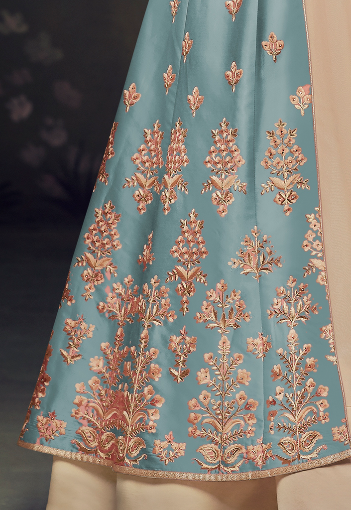 Blue & Beige Designer Embroidered Jacket Style Anarkali Gown-Saira's Boutique