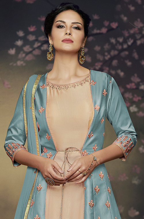Blue & Beige Designer Embroidered Jacket Style Anarkali Gown-Saira's Boutique