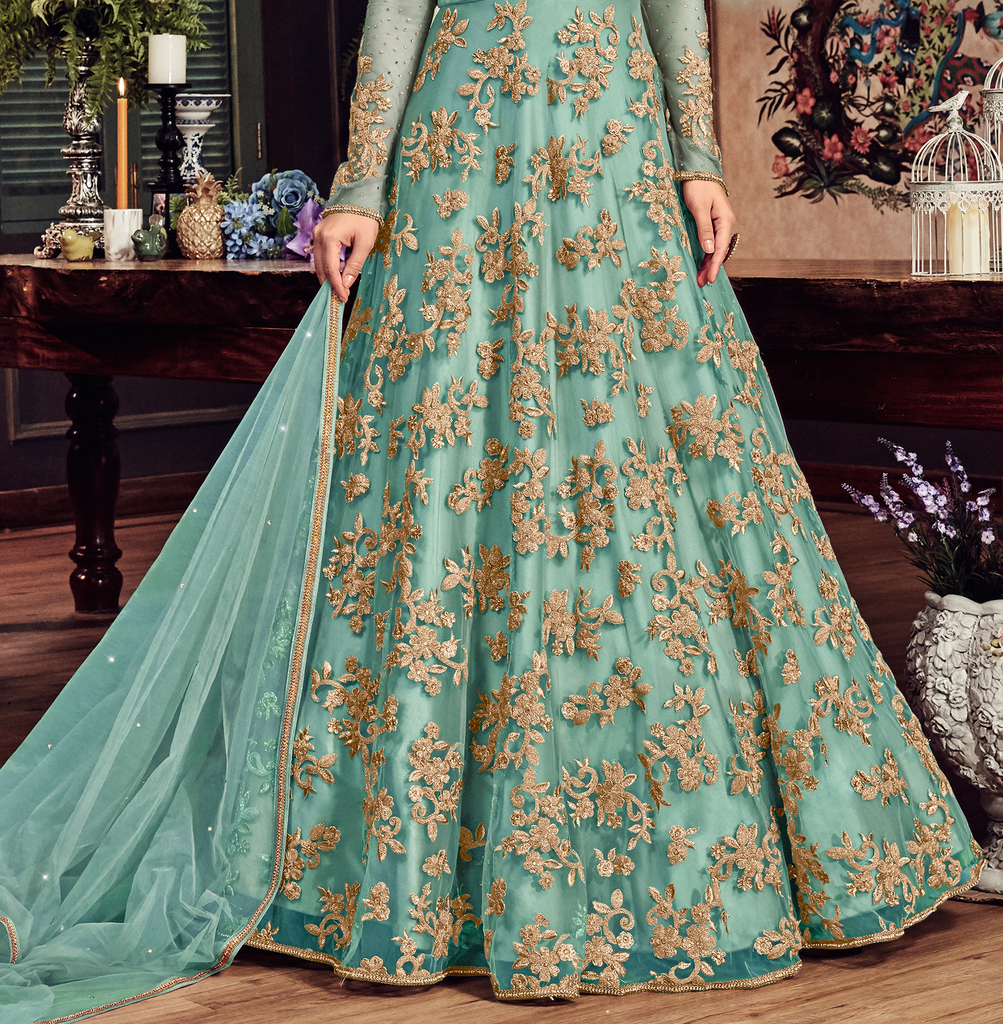 Blue Designer Heavy Embroidered Net Bridal Anarkali Gown-Saira's Boutique
