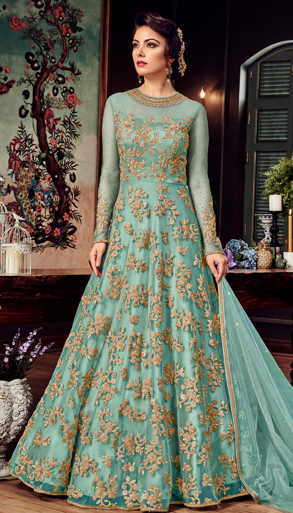 Blue Designer Heavy Embroidered Net Bridal Anarkali Gown-Saira's Boutique