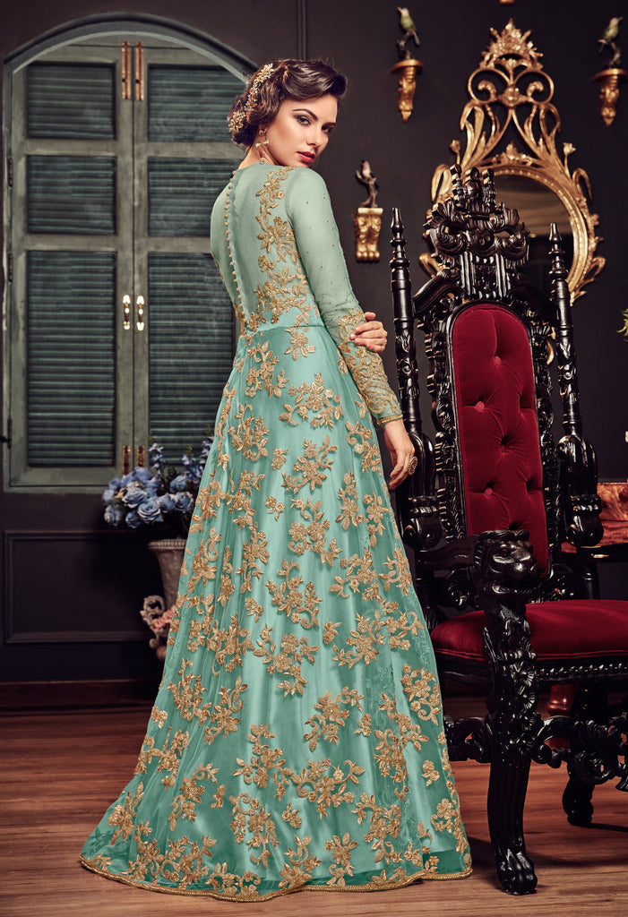 Blue Designer Heavy Embroidered Net Bridal Anarkali Gown-Saira's Boutique