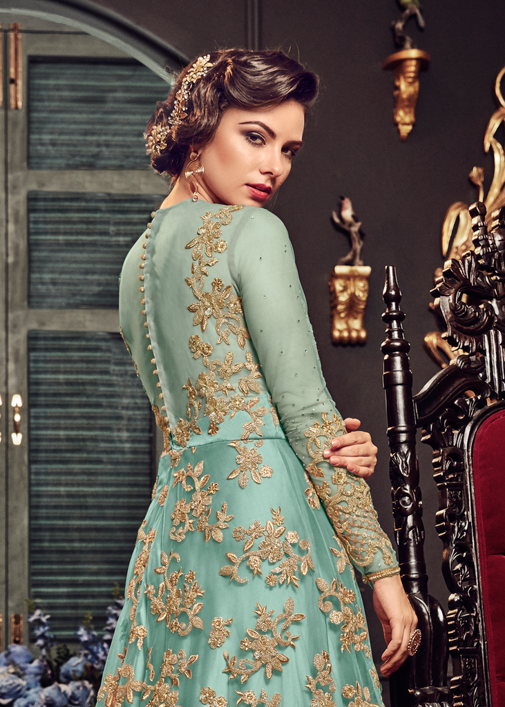 Blue Designer Heavy Embroidered Net Bridal Anarkali Gown-Saira's Boutique