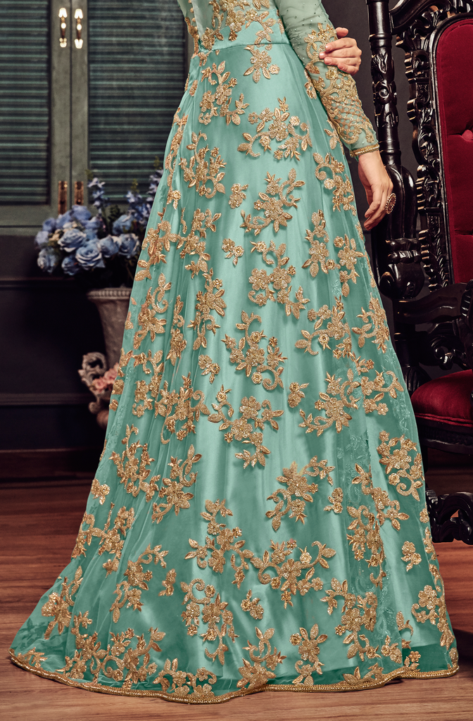 Blue Designer Heavy Embroidered Net Bridal Anarkali Gown-Saira's Boutique