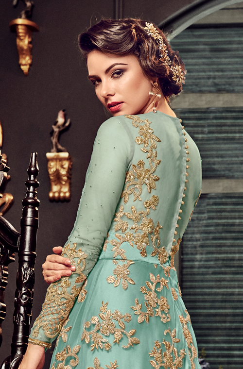 Blue Designer Heavy Embroidered Net Bridal Anarkali Gown-Saira's Boutique